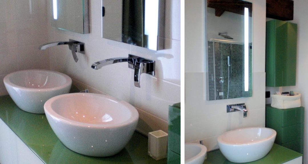 bagno di design bianco e verde in vetro