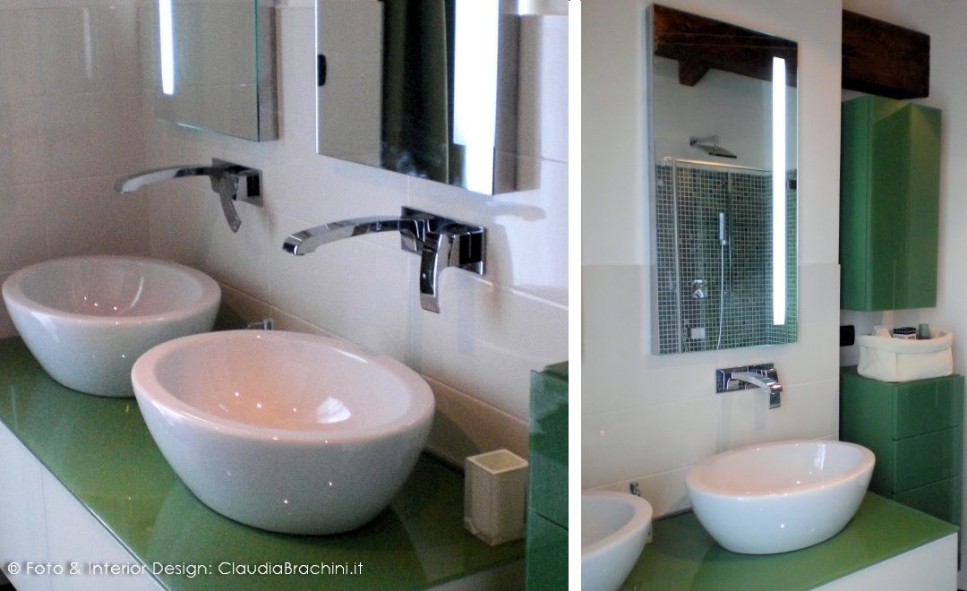 bagno di design bianco e verde in vetro