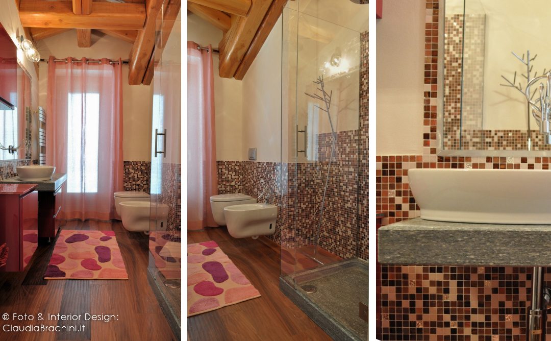 bagno mosaico fucsia e pietra di Luserna