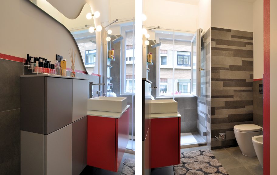 bagno grigio e fucsia con doccia vicino alla finestra