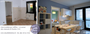 cucina arredata ikea parete azzurra e tortora